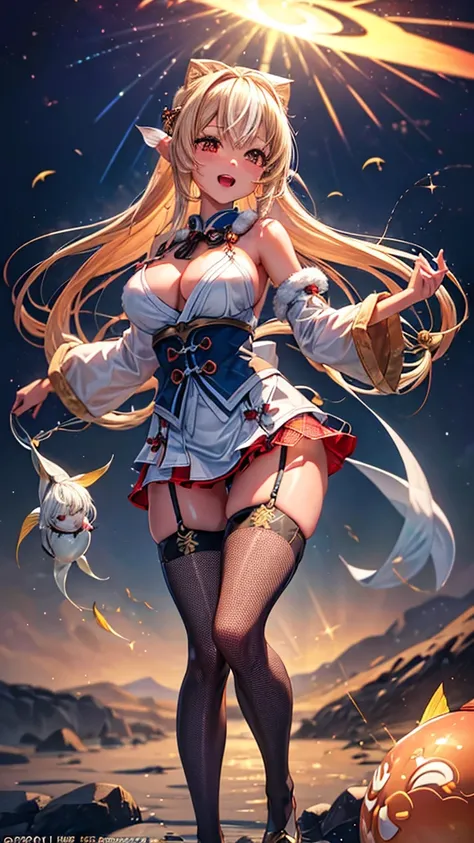 (highest quality)), ((masterpiece)), (familiar), Perfect Face,Shiny skin,Beautiful breasts、Shiny skin、((( Shiranui Flare (Hololive) dress、mini skirt、garter、fish net tights、 fur 、)))、oil skin、、Double teeth 、、Big Breasts、Embrace、winter、close、near、(((night)))...