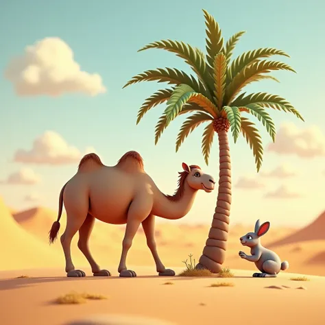 A 3D camel walking in the desert one hot day finding a date tree and walk toward the tree To Take Some Rest where he met the rabbit and start talking