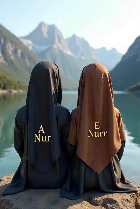  Create me 3d character couple peria using hody black color dwngan initials "𝓐. 𝓝𝓾𝓻"  And women in the same clothes wearing brown veil with initials  "𝓔. 𝓝𝓾𝓻𝓻" Against the background of lakes and mountains are sitting d corsi 