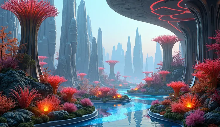  a futuristic garden of non-earthly futuristic plants