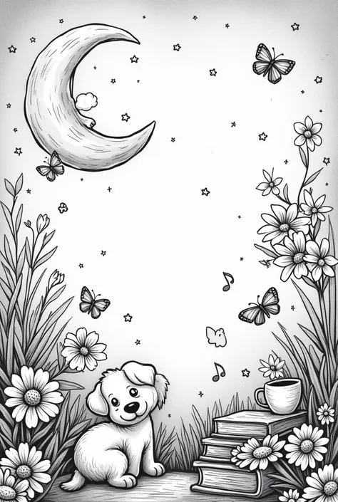 Design the following doodle cover page the instructions are given below do as it says - 
Whimsical Night Sky:
 * A crescent moon with twinkling stars in the background.
 * A fluffy cloud shaped like a puppy.
 * A tiny camera floating among the stars.
 * A ...