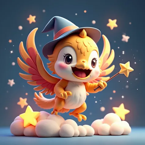 digital 3D artwork, a cute chibi griffin with eagle beak holding magician wand and wear magician hat, she is flying, stars popping arround her thats write happy new year on air