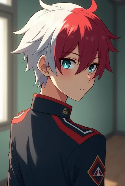  resolution of 1920x1080pixels , JPEG format,  adjust aspect and size to 3:4 my hero academy style .Very attractive man. Short hair half white half red ,upset. in UA uniform . left eye turquoise right eye greyish brown shiny with.black eyeliner. with a red...