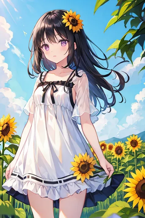  girl 、 black hair、LOG HAIR 、 white summer dress 、Sunflower field