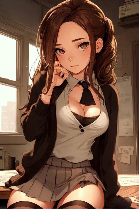 highly detailed face and skin texture, detailed eyes, double eyelids, cleavage, breasts, solo_female, sitting on desk, black thigh highs, skirt, cardigan, tank top, pony_tail,masterpiece,best quality small breasts, hermione, brown hair, brown eyes