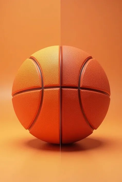 Create an image of a basketball divided in half that one half is orange and the other half is dark orange that are symmetrical