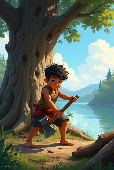 Boy chopping wood near a large, sturdy tree with a calm lake in the background.


