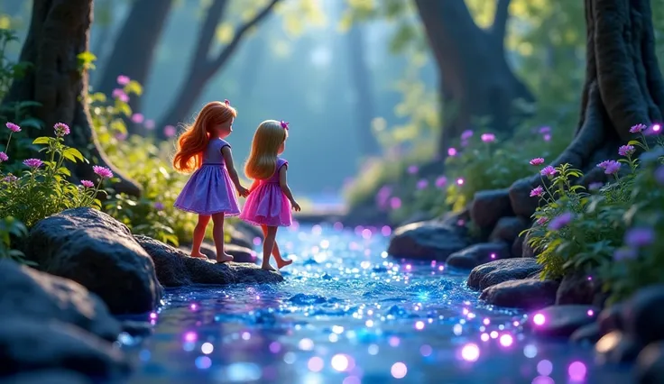 they came to the Singing Stream. The water sparkled as it flowed, and the stones beneath it glowed like jewels. But when Barbie and Chelsea tried to cross, the water began to hum