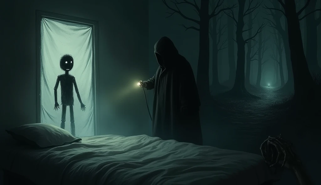  A gloomy composition with three spooky scenes : A white sheet with a poorly drawn drawing of a black humanoid figure,  a hooded figure holding a flashlight in the middle of a dark forest ,  and a skeletal hand coming out from under a bed .  A dark and haz...