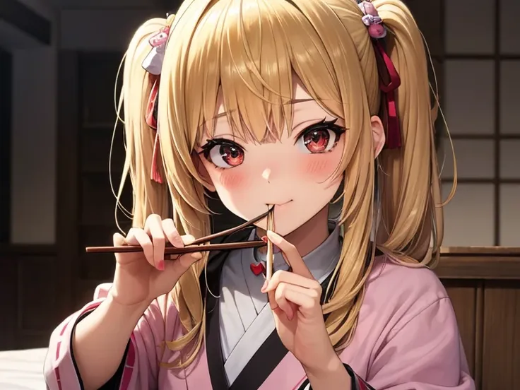 Anime style portrait of a young girl Sitting in the Kotatsu with bright blonde hair featuring pink stripes. Styled in short pigtails with two small hair clips. She eating Toshikoshi soba using chopsticks with her right hand., and her big pink eyes are soft...