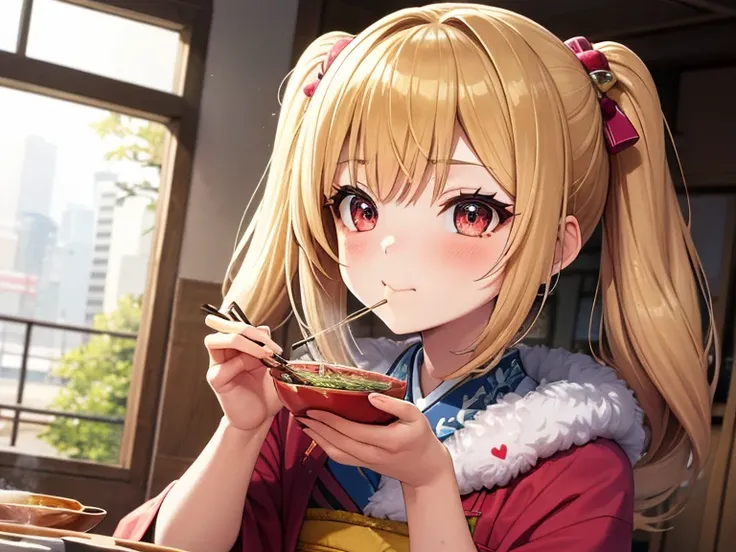 Anime style portrait of a young girl Sitting in the Kotatsu with bright blonde hair featuring pink stripes. Styled in short pigtails with two small hair clips. She eating Toshikoshi soba using chopsticks with her right hand., and her big pink eyes are soft...