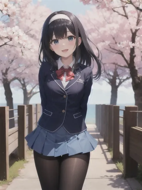 masterpiece,  top quality ,  high res, ,  long hair,  black hair,  hair band , ,  sailor collar,  blue blazer ,  Long Sleeve ,  pleated skirt ,  blue skirt,  black pantyhose, Arms folded behind back,   cherry blossom ,  outdoor,  is standing,  cowboy shot ...