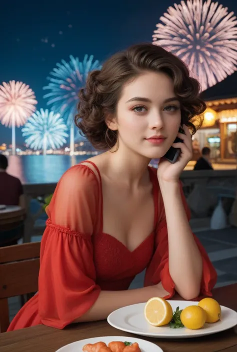  Make an illustration of a girl with very thin arms,  neckline with very curly brown hair ,  wearing a long red dress , Sitting sideways without showing too much of her face,  watching the New Year fireworks , a table on the side ,  with a plate with shrim...