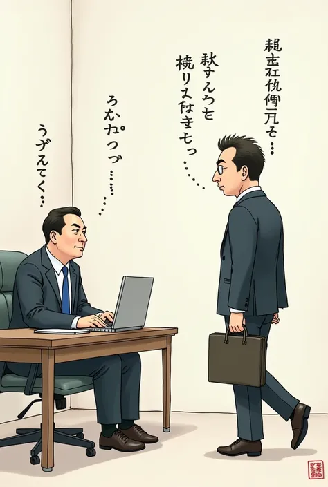 Japan cartoonish illustration　 comical 　1 boss has a few subordinates 　 Two of my subordinates are sitting and working while having a conversation so they cant be found by their boss　I dont write callouts or lines 　 My boss is walking in a direction where ...