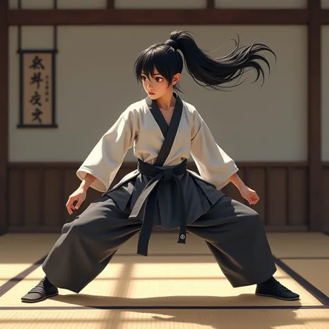 Martial arts girl 、 Japanese、Age 19、 beautiful girl、 bundling black hair up 、Wearing a judogi、 wearing black spats 、 putting her hands forward and lowering her body to the front、 in the background is a dojo with tatami mats 、