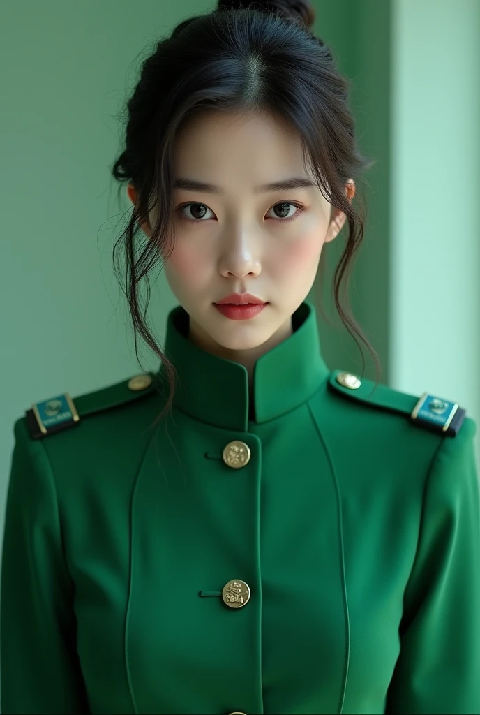 A Korean lady, looking realistic in a squid game green color uniform 