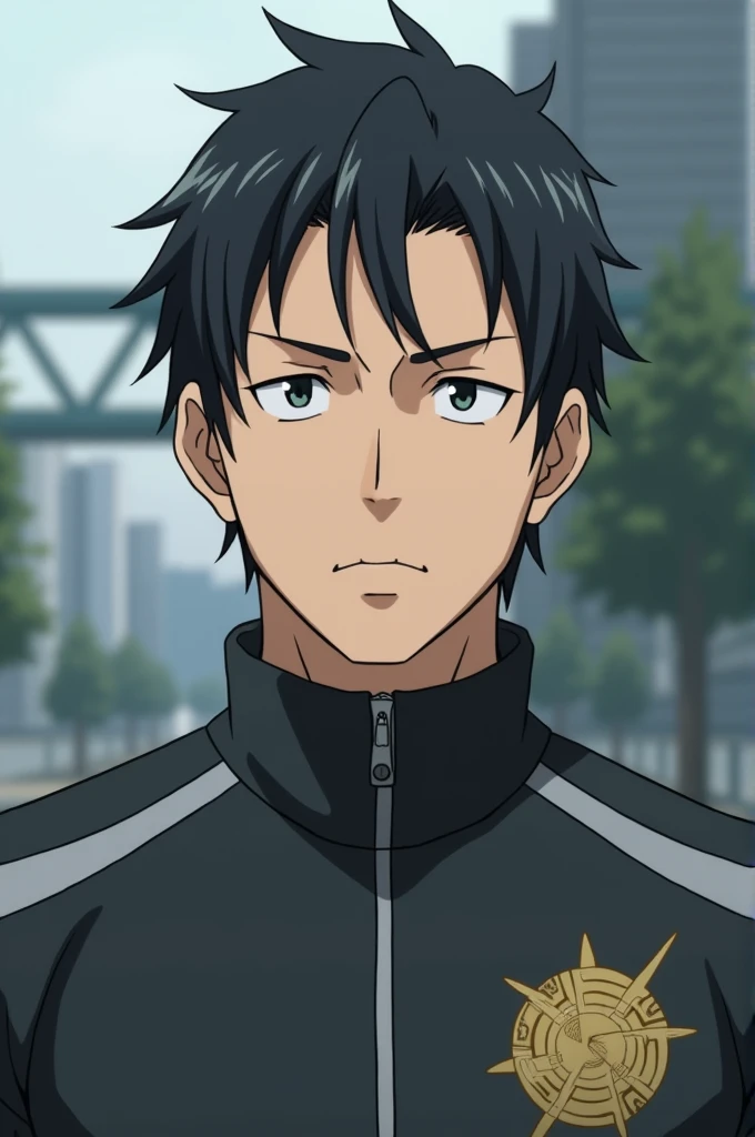 Make me a serious anime character at the age of father , With a slanted eye , White,  sportswear ,  dark eyes,  straight dark hair with gray clothes with beige and synthetic energy emblem on the clothes.