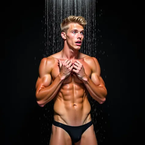 a close up of a young tanned blond Swedish man that is standing under a shower, wearing wet black latex thong string, hands up, Side view, looks like Ruslan Angelo, open mouth and looking into the camera, splashes, hairy armpits, blond short hairs, feature...