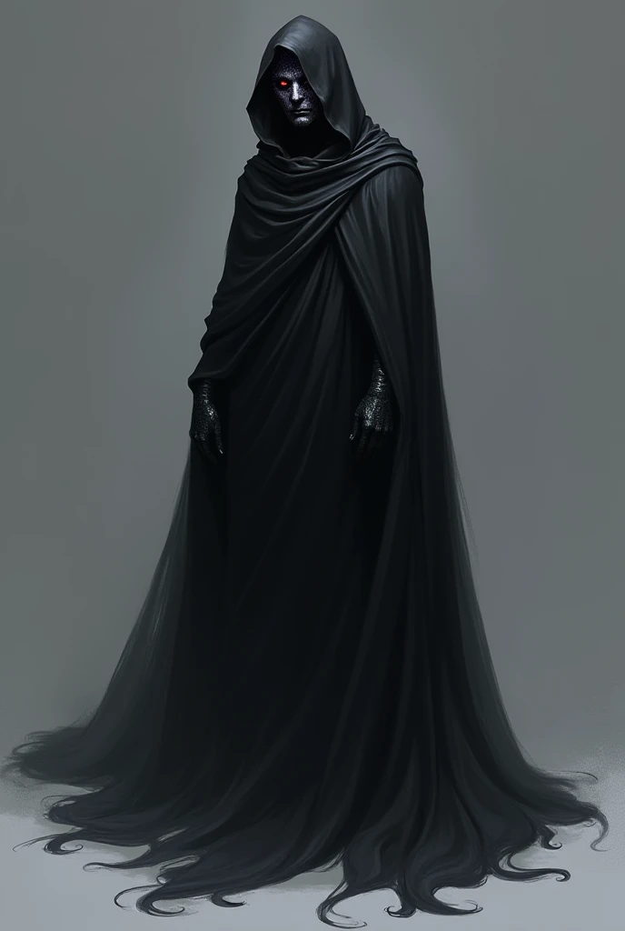 Appearance:

The character wears a long, flowing cloak made of dark, shifting fabric that seems to absorb light, giving it an almost liquid appearance.
Their face is partially obscured by a hood, with glowing, piercing eyes that seem to shimmer like faint ...