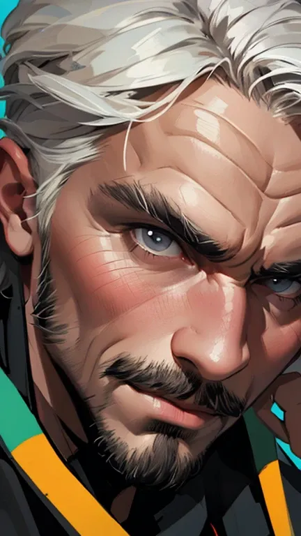 Close up face of muscular middle age man, grey hair, stubble, thick moustache, wpap art style, cubism