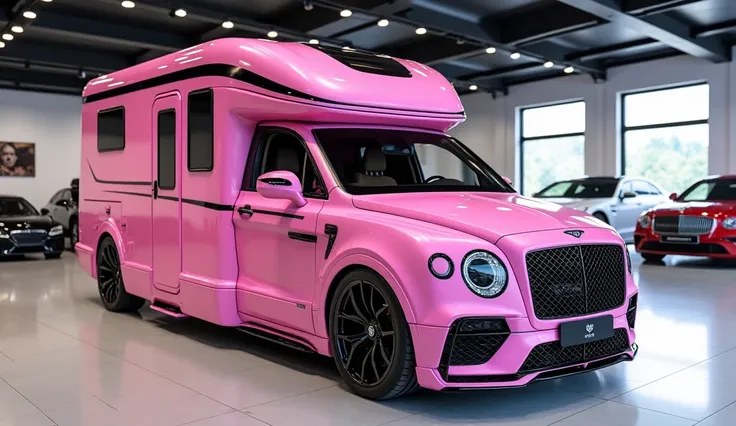  Full back view Create a ultra detailed 3d render full  back view modern(Bentley motor home)  full back view with bold design with "Gleamy (Pink color)" clour with a "(motor home)" full  back view logo on its front with a large white detailed grille. And b...