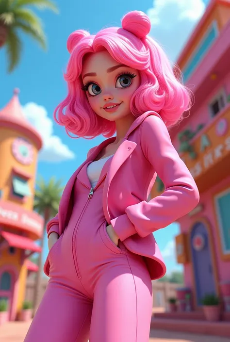 A  YouTuber with pink hair and a pink jumpsuit in a cartoon 