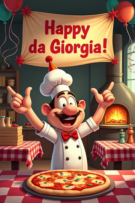 Create a picture to Wish Happy new year from Pizzeria Da Giorgia in a cartoon style