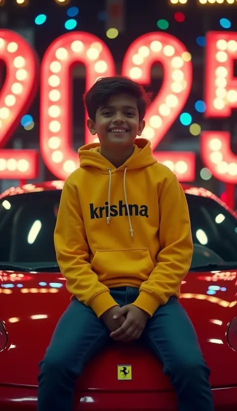 -old Indian boy is sitting on top of a ferrari car, looking very handsome, happy and relaxed. The boy is wearing a Yellow hoodie with the name “krishna” written on the hoodie, the boy is smiling, there is a festive ‘Happy New Year 2025’ sign in the backgro...