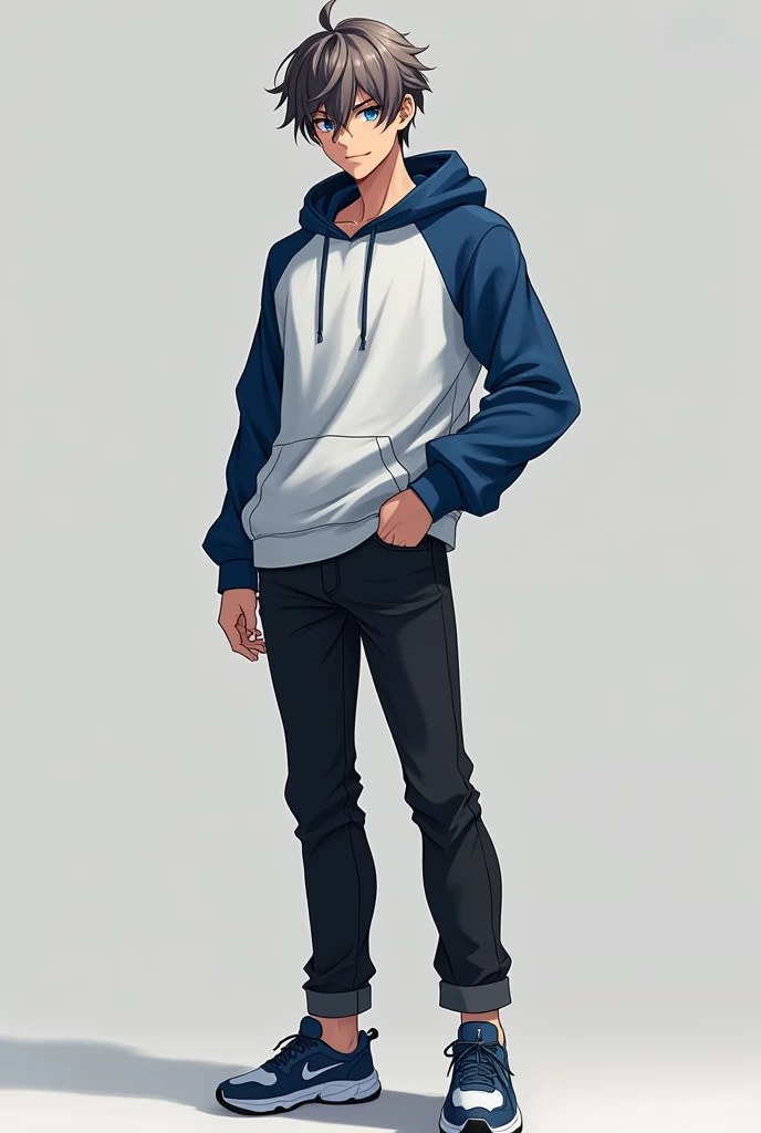 An anime male character of age around 20 years brown and grey mixture of hairs ash colour eyes looks smart and handsome.fearless personality manipulator aura a good fighter with a good athletic physique wearing blue and white colour hoodie black jeans snea...