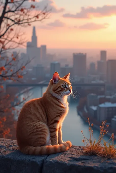 Je voudrais une image en mode paysage avec un chat au premier plan. Le chat est assis, il lui manque une patte et il saigne légèrement. Il semble fatigué mais il regarde devant lui avec une expression calme. En arrière-plan, on voit la ville de Montréal, a...