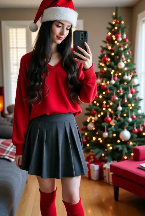 Create a collage of four images In a cozy Christmas-themed living room, a young woman with extremely long, wavy dark hair takes selfies capturing her festive and playful holiday vibe. She is wearing an oversized red crop V-neck sweater, a dark gray thick p...