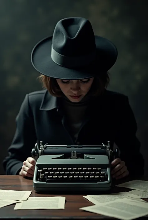 Modern typewriter, Black hat, papers,  down on, humo, shadows