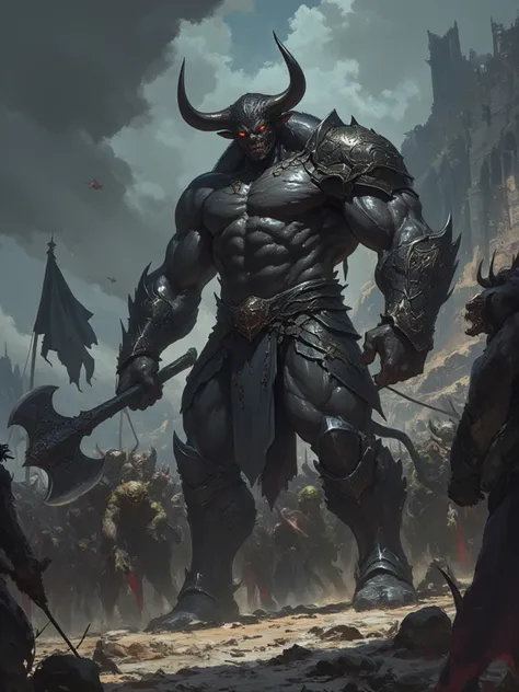 Minotaur warrior, muscular, tall, standing in front of demonic army (orc army, troll army, goblin), wearing black armor, holding great big axe, black flag, marching in mountain, castle ruins