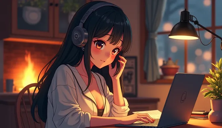 Picture perfect, 8k, winter, afternoon, high school girl, ((big )), ((cleavage)), using headphones while looking at laptop, sitting at study desk, fireplace, 2D style animation, Lo-Fi, retro, emotional, anime style illustration.