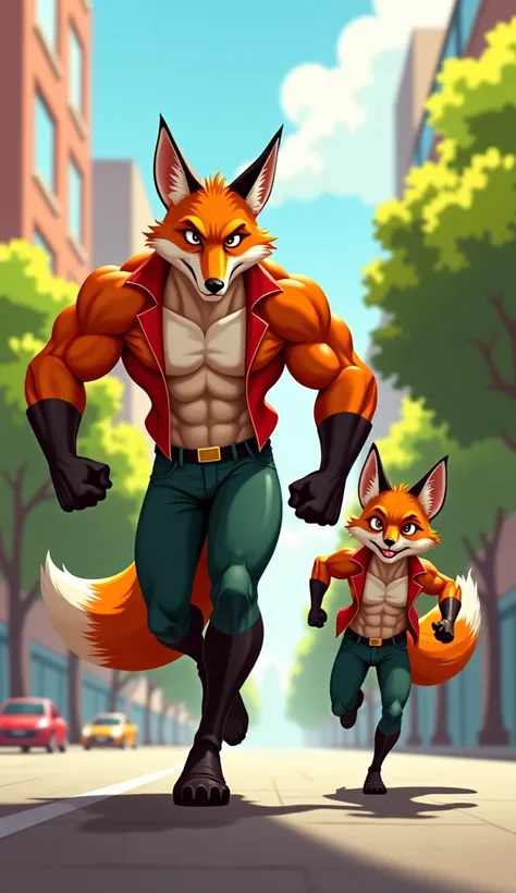 "A highly detailed illustration featuring an anthropomorphic muscular father fox and his youthful son running on a street. The father fox has a lean, muscular physique with sleek fur, pointed ears, and sharp eyes. The son resembles a human with a youthful ...