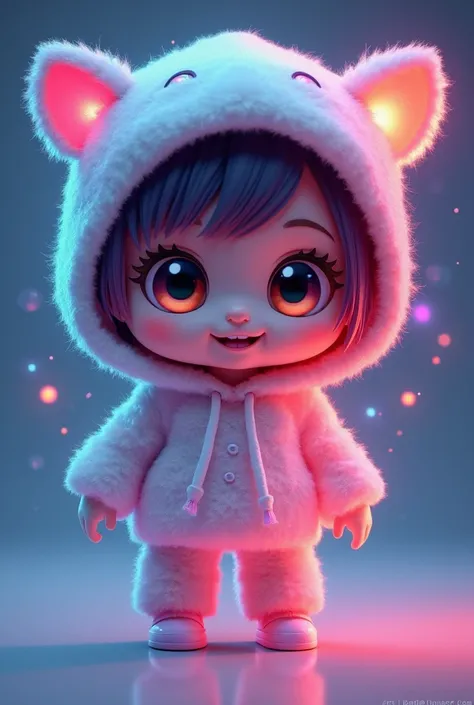 a cute, wide-eyed and vibrant character with a luminous aura that emits different colors, similar to that of a rainbow. she has features that suggest the innocence and curiosity of a : large expressive eyes, wide smile and a playful posture. Let it be a gi...