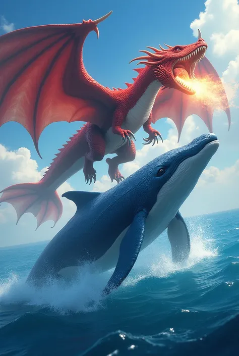 A fire-breathing red dragon with a blue whale