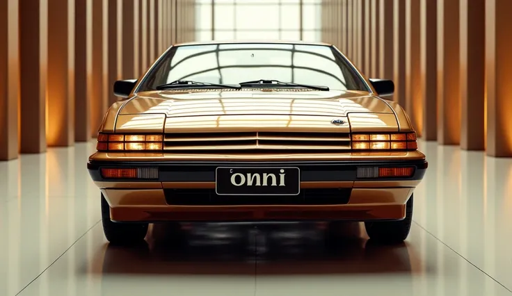 A captivating and futuristic image of the 1980 dodge omni center stage in a luxurious bright showroom. The cars vibrant brown Mettalic Mettalic paint highlights its sleek and aerodynamic design, with bold accents showcasing the cutting-edge innovation and ...