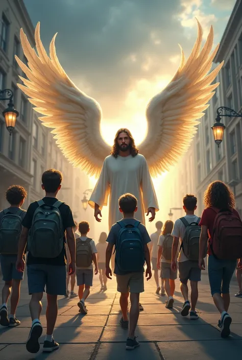 Teenagers with backpacks on their backs walking on a sidewalk and Jesus with other male warrior angels protect these teenagers from evil