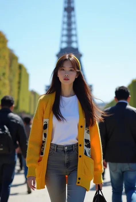  Full body photographer ,  a beautiful Korean woman  ,  long hair straight wearing a bando ,  wears white t-shirt , wear abstract motif yellow cardigan sweater,  wearing ash pencil jeans , Carrying a bag,  is walking in a crowded city ,  sees the blue sky ...