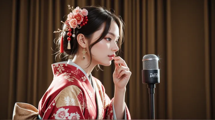 Standing in front of a stand microphone、 is wearing a kimono 、 beautiful girl、face、 from side、 hair ornament