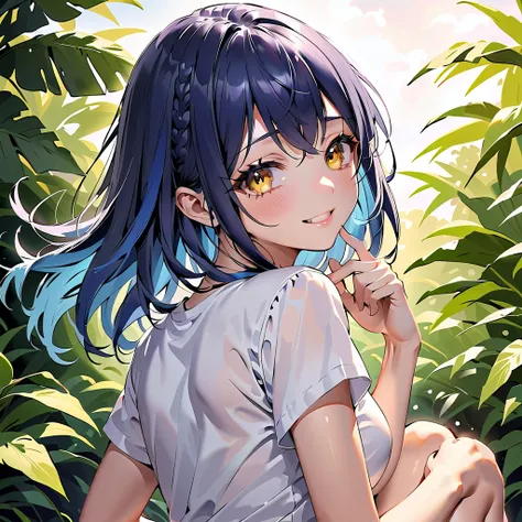 Super high resolution,Smooth anime style, Beautiful girl in her 20s,  clear skin,Fair skin,  braid straight hair , asymmetrical bangs , medium hair , ,Fresh blue hair ,  well-shaped small face , Beautiful face, laughs, Moist eyes,clear々Shiny yellow eyes , ...