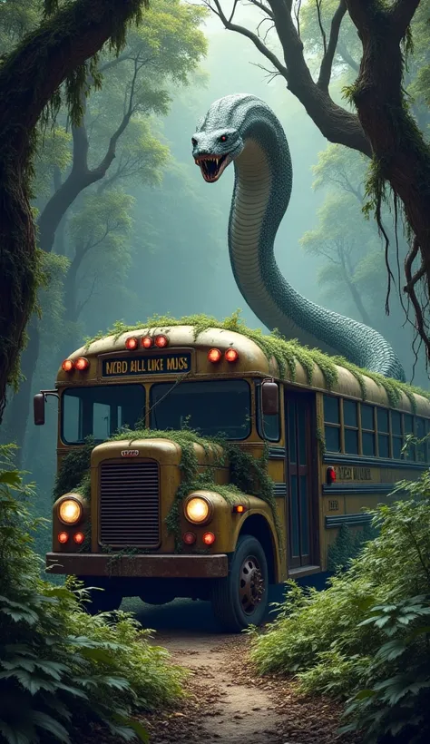  A large snake has loitered in the woods b round a twisted city bus