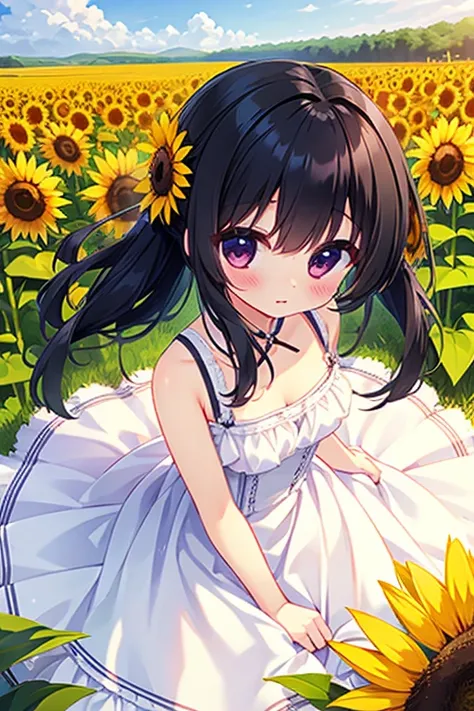  girl 、 black hair、LOG HAIR 、 White Dress 、Sunflower field