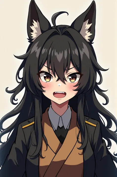  Create the image of a girl ,  That the girl has the head of a wolf ,  in a brown uniform , and a black Haori ,  in the cartoon style of the anime and that she has an Inosuke style from Kimetsu no Yaiba 