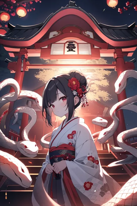  girl holding a white brocade snake、 black hair、 bangs、 Upstyle 、 flower hair ornament with bun head 、A gorgeous kimono with a red peony pattern、shrine、dramatic lighting、snakes around body,night