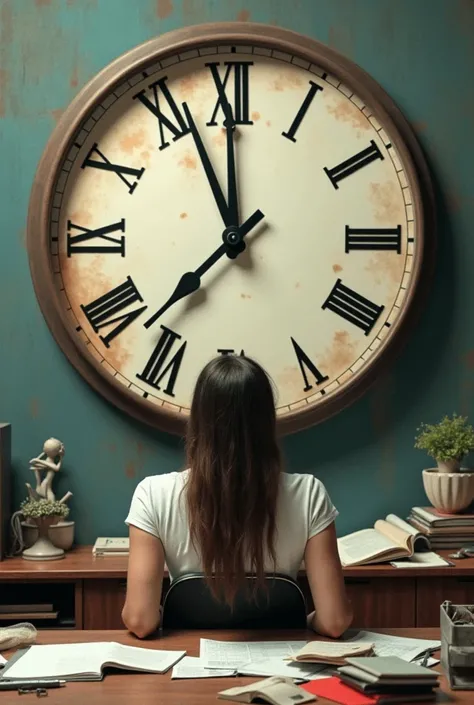 An artistic clock with broken or stretched hands to symbolize the lack of time. A woman in the foreground looks overwhelmed, sitting at a messy desk. The colors are muted but with pops of red to draw attention to the urgency of the scene.