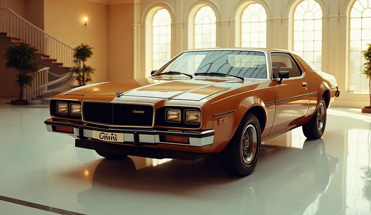 A captivating and futuristic image of the 1980 dodge omni center stage in a luxurious bright showroom. The cars vibrant brown Mettalic Mettalic paint highlights its sleek and aerodynamic design, with bold accents showcasing the cutting-edge innovation and ...