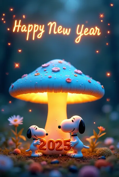 New year blessing, a large mushroom illumated baby blue color on top, illuminated yellow orange color inside mushroom, 2 mini snoopy, standing under the mushroom, holding a “2025” object, background colourful flowers, “HAPPY NEW YEAR” word in illiminated r...