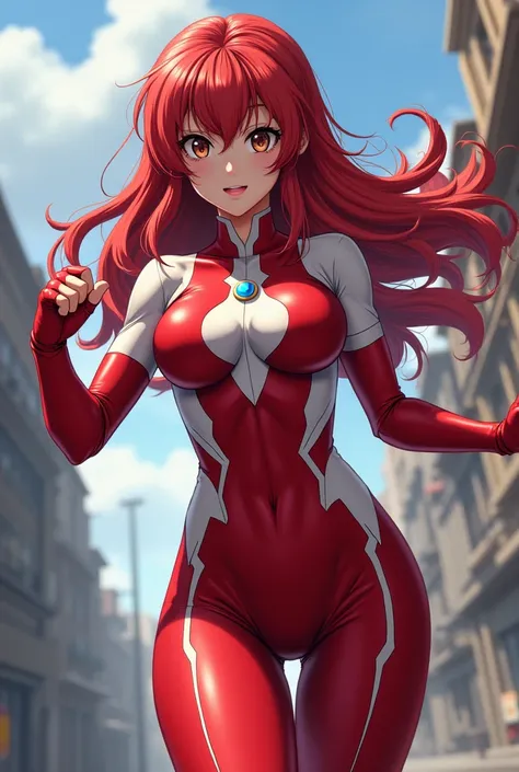 My Hero Academia Style , Anime girl, female, young female ,Full Body Shot,(fighting Pose:1.3),Long hair, Red Hair,  Brown Eyes,Hero Suit, Full Body Suit, red suit with white details,small round blue jewel in the center of the chest, perfect anatomy,  Tough...